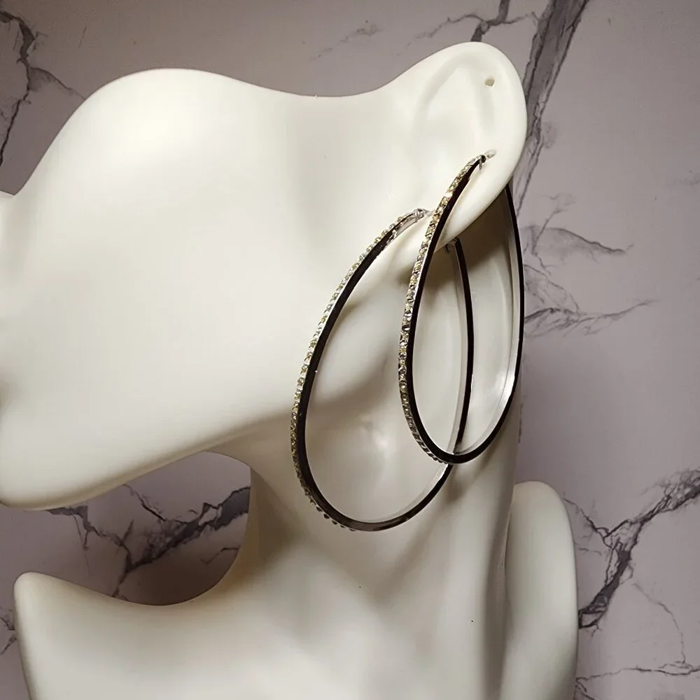 925 Silver Large Hoop Earrings Champagne Colored Stones
